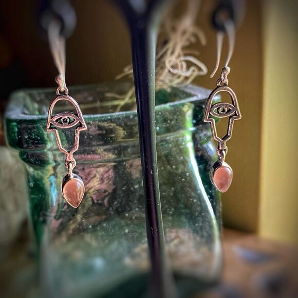 Rose Quartz Hamza Evil Eye Sterling Earrings - Picture 1 of 8